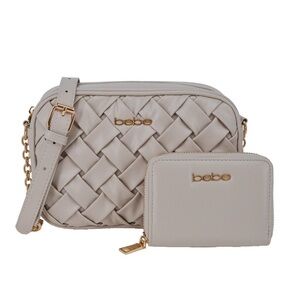 Bebe Beige Woven Crossbody Bag and Wallet Set